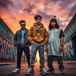 An epic scene depicting a fictional showdown from 'La venganza de los chamos 4', featuring a group of charismatic and stylish young adults standing confidently on a vibrant urban street, with graffiti art in the background
