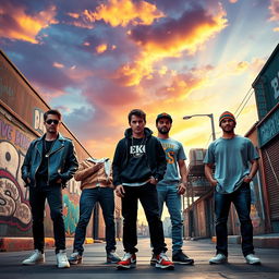 An epic scene depicting a fictional showdown from 'La venganza de los chamos 4', featuring a group of charismatic and stylish young adults standing confidently on a vibrant urban street, with graffiti art in the background