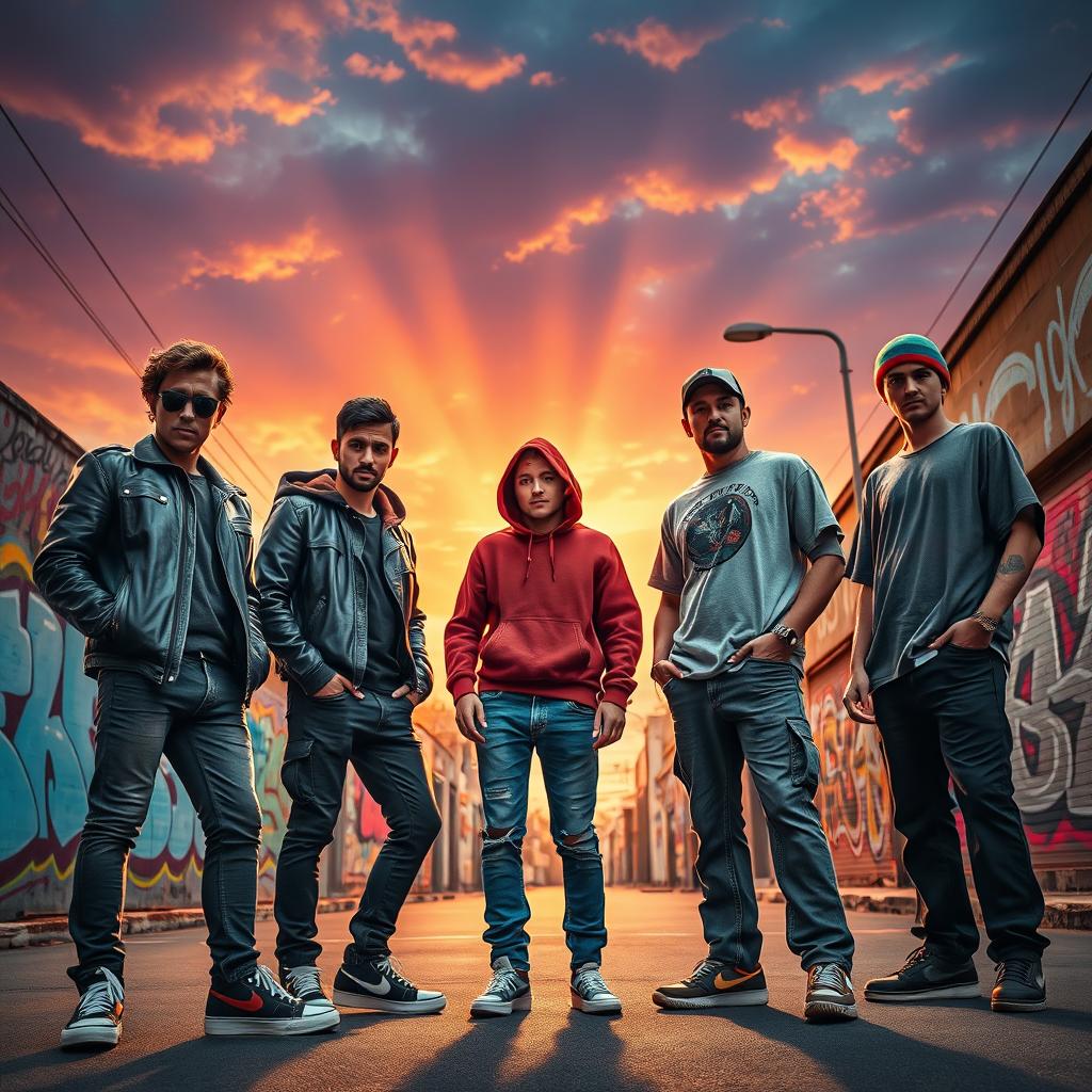 An epic scene depicting a fictional showdown from 'La venganza de los chamos 4', featuring a group of charismatic and stylish young adults standing confidently on a vibrant urban street, with graffiti art in the background