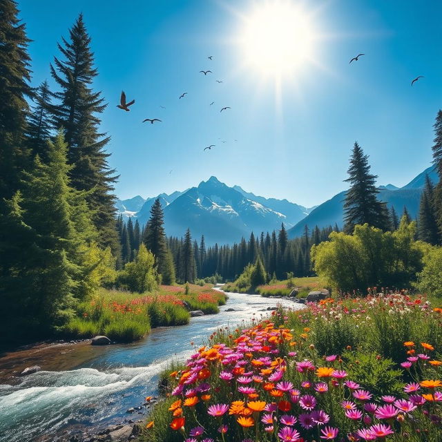 A serene landscape featuring a lush forest under a bright blue sky, with sunlight streaming through the trees