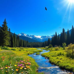 A serene landscape featuring a lush forest under a bright blue sky, with sunlight streaming through the trees