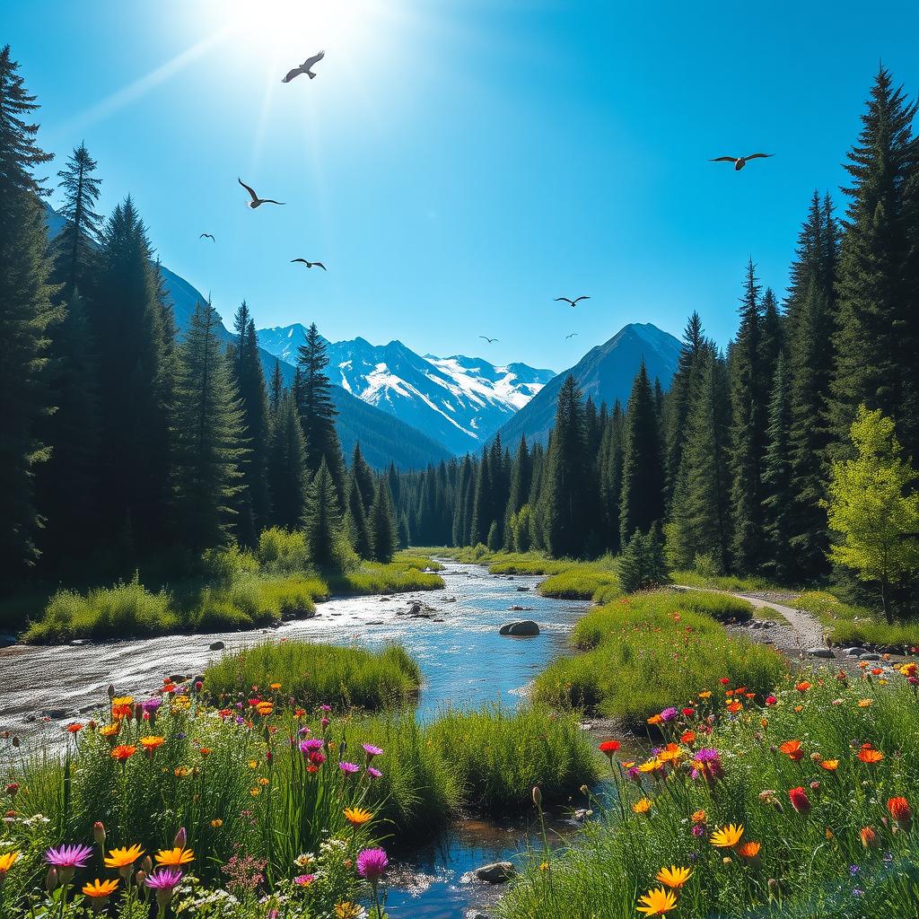 A serene landscape featuring a lush forest under a bright blue sky, with sunlight streaming through the trees