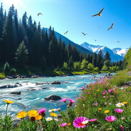 A serene landscape featuring a lush forest under a bright blue sky, with sunlight streaming through the trees