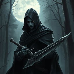 A Shadar-kai rogue, dressed in dark, shadowy garments that blend into the surrounding environment