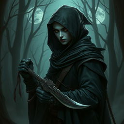 A Shadar-kai rogue, dressed in dark, shadowy garments that blend into the surrounding environment