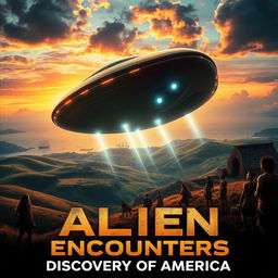 An imaginative movie poster featuring an alien spacecraft landing in America during the age of discovery