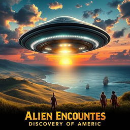 An imaginative movie poster featuring an alien spacecraft landing in America during the age of discovery