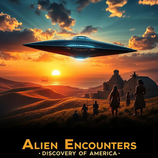 An imaginative movie poster featuring an alien spacecraft landing in America during the age of discovery