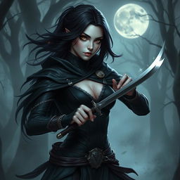 A female Shadar-kai rogue, clad in dark, form-fitting attire that enhances her stealth abilities