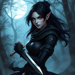 A female Shadar-kai rogue, clad in dark, form-fitting attire that enhances her stealth abilities