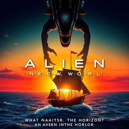 An imaginative movie poster for a sci-fi film blending the themes of the Alien franchise with the historical context of the discovery of America