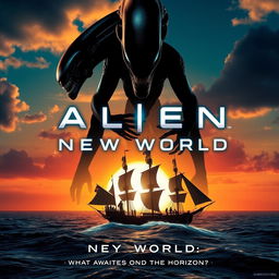 An imaginative movie poster for a sci-fi film blending the themes of the Alien franchise with the historical context of the discovery of America