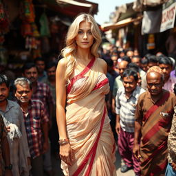 A stunning blonde female wearing a beautifully designed, transparent saree with a low waist, accentuating her navel and showcasing her ample cleavage