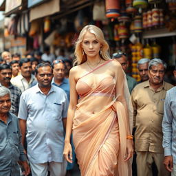 A stunning blonde female wearing a beautifully designed, transparent saree with a low waist, accentuating her navel and showcasing her ample cleavage