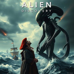A surreal movie poster combining the iconic alien xenomorph from the sci-fi genre with Christopher Columbus as he embarks on the discovery of America