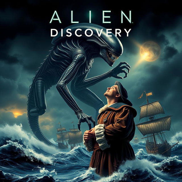 A surreal movie poster combining the iconic alien xenomorph from the sci-fi genre with Christopher Columbus as he embarks on the discovery of America