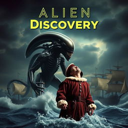 A surreal movie poster combining the iconic alien xenomorph from the sci-fi genre with Christopher Columbus as he embarks on the discovery of America