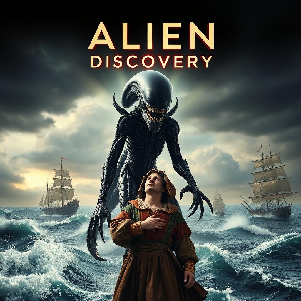 A surreal movie poster combining the iconic alien xenomorph from the sci-fi genre with Christopher Columbus as he embarks on the discovery of America