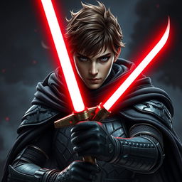 A fierce warrior with striking brown hair and captivating grey eyes, clad in intricate armor complemented by a flowing black cloak