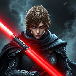 A fierce warrior with striking brown hair and captivating grey eyes, clad in intricate armor complemented by a flowing black cloak