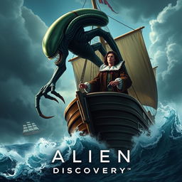 A thrilling movie poster featuring a dramatic illustration of a Xenomorph from the Alien franchise alongside Christopher Columbus, depicted in a historic galleon on the turbulent seas during the discovery of America