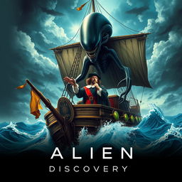 A thrilling movie poster featuring a dramatic illustration of a Xenomorph from the Alien franchise alongside Christopher Columbus, depicted in a historic galleon on the turbulent seas during the discovery of America