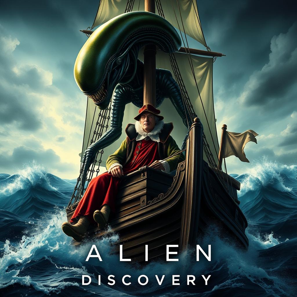 A thrilling movie poster featuring a dramatic illustration of a Xenomorph from the Alien franchise alongside Christopher Columbus, depicted in a historic galleon on the turbulent seas during the discovery of America