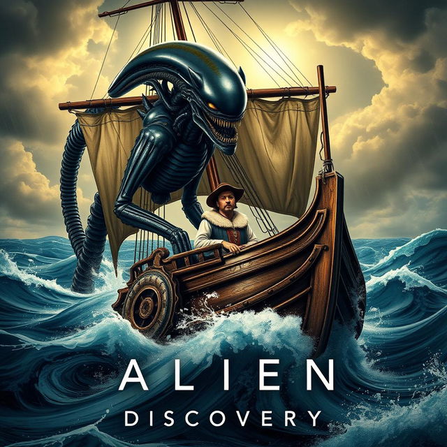 A thrilling movie poster featuring a dramatic illustration of a Xenomorph from the Alien franchise alongside Christopher Columbus, depicted in a historic galleon on the turbulent seas during the discovery of America