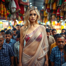 A sad blonde female, her expression full of emotion, wearing a transparent low waist saree that highlights her figure and ample cleavage