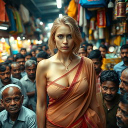 A sad blonde female, her expression full of emotion, wearing a transparent low waist saree that highlights her figure and ample cleavage