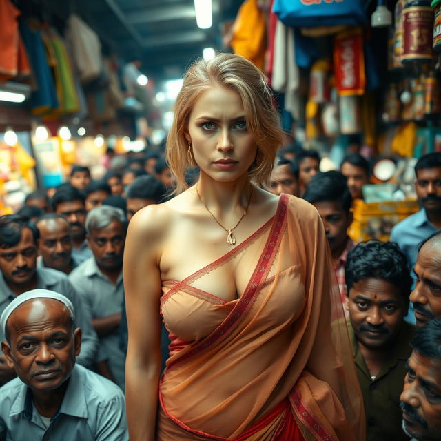 A sad blonde female, her expression full of emotion, wearing a transparent low waist saree that highlights her figure and ample cleavage