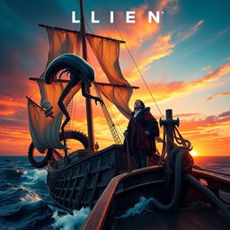A dramatic cinematic poster depicting a Xenomorph from the Alien franchise and Christopher Columbus standing on the deck of a galleon, set against a vibrant sunset sky