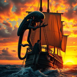 A dramatic cinematic poster depicting a Xenomorph from the Alien franchise and Christopher Columbus standing on the deck of a galleon, set against a vibrant sunset sky