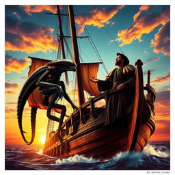 A dramatic cinematic poster depicting a Xenomorph from the Alien franchise and Christopher Columbus standing on the deck of a galleon, set against a vibrant sunset sky