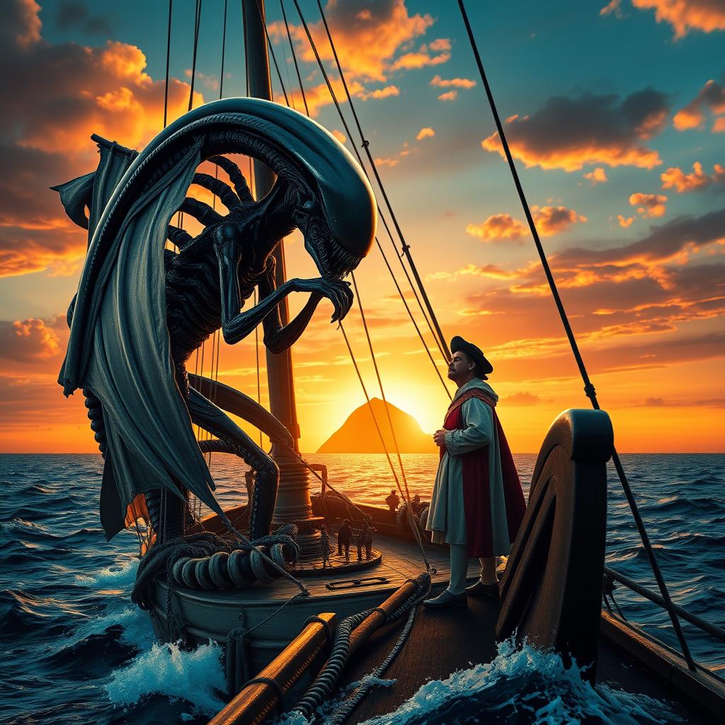 A dramatic cinematic poster depicting a Xenomorph from the Alien franchise and Christopher Columbus standing on the deck of a galleon, set against a vibrant sunset sky