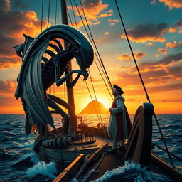 A dramatic cinematic poster depicting a Xenomorph from the Alien franchise and Christopher Columbus standing on the deck of a galleon, set against a vibrant sunset sky