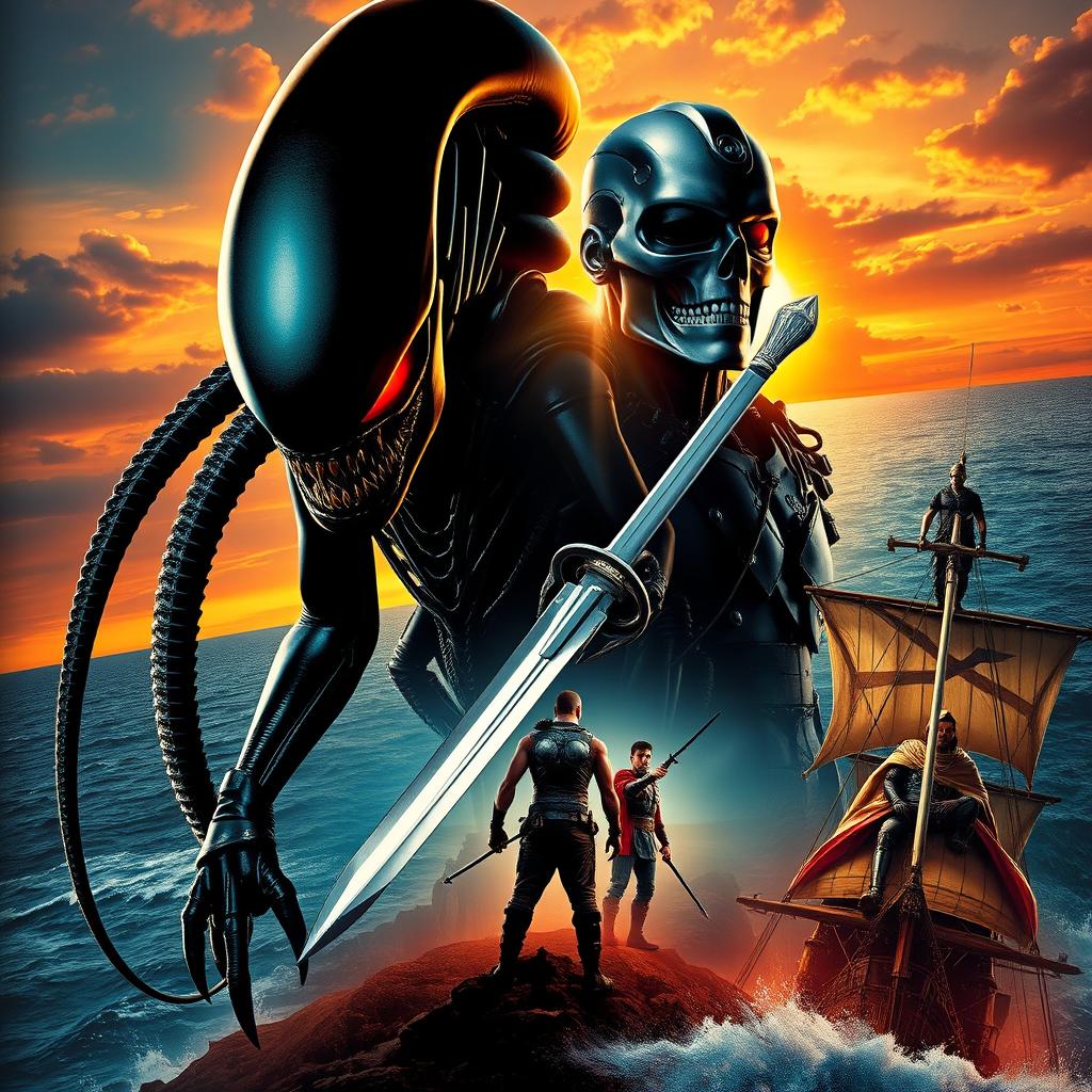 A dramatic movie poster featuring a fusion of iconic sci-fi and historical themes: a menacing Xenomorph from Alien stands tall in the foreground, alongside a sleek and powerful Terminator with glowing red eyes