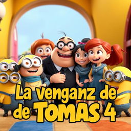A colorful and animated scene featuring Gru and his three daughters from the movie Despicable Me, along with a group of mischievous Minions