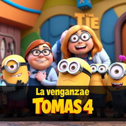 A colorful and animated scene featuring Gru and his three daughters from the movie Despicable Me, along with a group of mischievous Minions