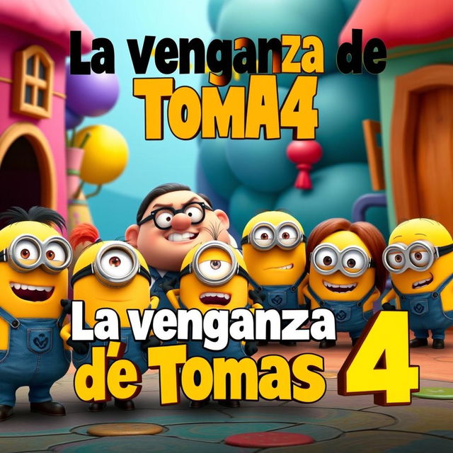 A colorful and animated scene featuring Gru and his three daughters from the movie Despicable Me, along with a group of mischievous Minions