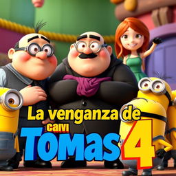A colorful and animated scene featuring Gru and his three daughters from the movie Despicable Me, along with a group of mischievous Minions