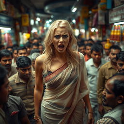 A terrified blonde female, her expression showing fear and distress, wearing a transparent low waist saree that leaves her without a blouse, emphasizing her sexy legs