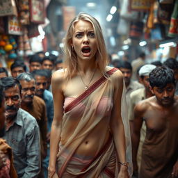 A terrified blonde female, her expression showing fear and distress, wearing a transparent low waist saree that leaves her without a blouse, emphasizing her sexy legs