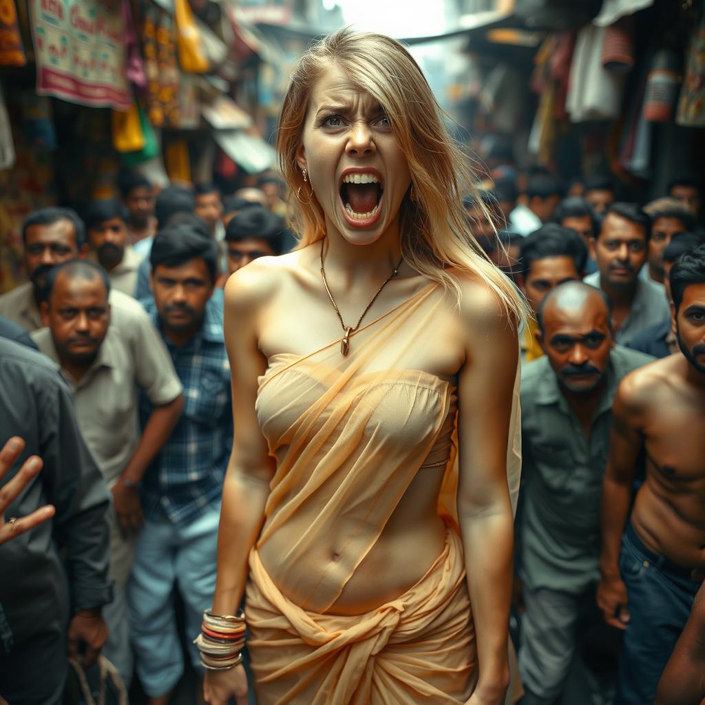 A terrified blonde female, her expression showing fear and distress, wearing a transparent low waist saree that leaves her without a blouse, emphasizing her sexy legs