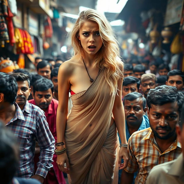 A terrified blonde female, her expression showing fear and distress, wearing a transparent low waist saree that leaves her without a blouse, emphasizing her sexy legs