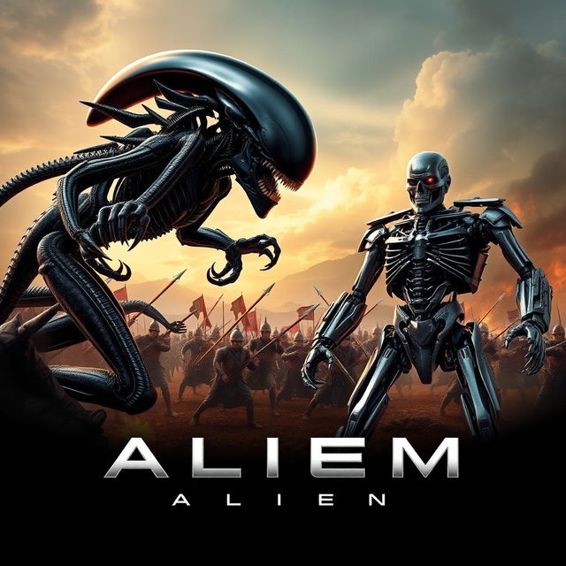 An epic movie poster featuring a fierce battle between a terrifying Xenomorph from the Alien franchise and a formidable Terminator robot