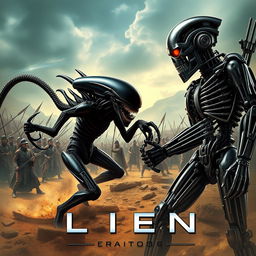 An epic movie poster featuring a fierce battle between a terrifying Xenomorph from the Alien franchise and a formidable Terminator robot