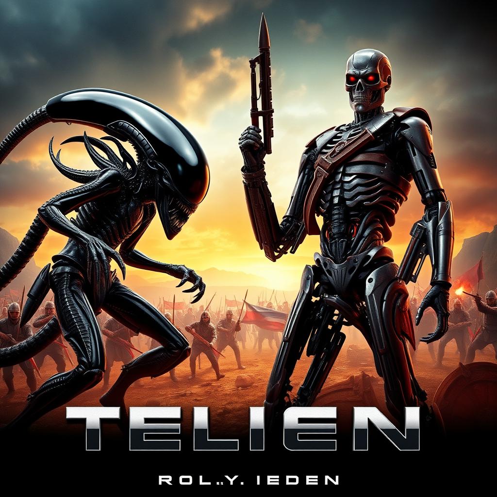 An epic movie poster featuring a fierce battle between a terrifying Xenomorph from the Alien franchise and a formidable Terminator robot