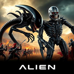 An epic movie poster featuring a fierce battle between a terrifying Xenomorph from the Alien franchise and a formidable Terminator robot