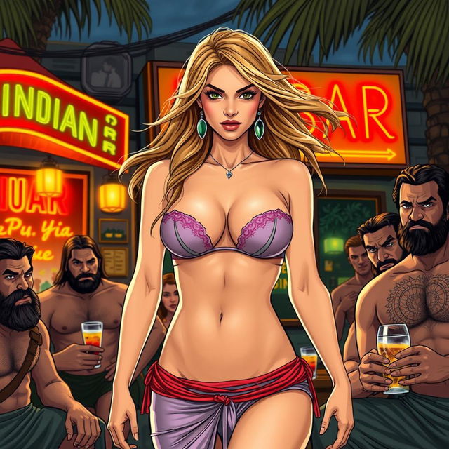 A stunning Arab princess wearing a strapless bikini that emphasizes her big cleavage, standing confidently outside a vibrant Indian bar with colorful signage